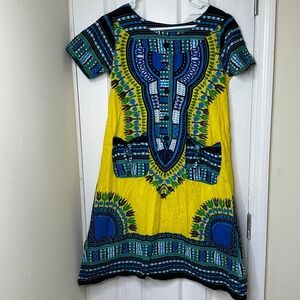 Womens Yellow Blue Dashiki Print Mini Short Sleeve Boho Festival Shift Dress Med